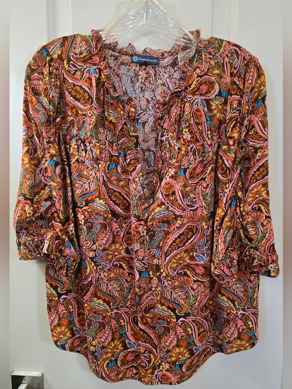 Democracy Paisley Ruffle Peasant Blouse Medium 3/4 Sleeve Boho Brown Pink